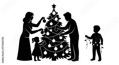 A loving family, including parents and their two young children, joyfully decorates a festive Christmas tree together, celebrating the holiday spirit.