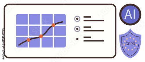 Data chart with growth trend, options menu, AI badge, and GDPR shield. Ideal for data analysis, AI integration, compliance, cybersecurity, digital privacy machine learning simple flat metaphor