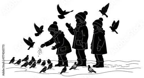 Three young children, dressed warmly for winter, lovingly feed a flock of birds on a snowy ground, illustrating compassion and festive seasonal cheer.