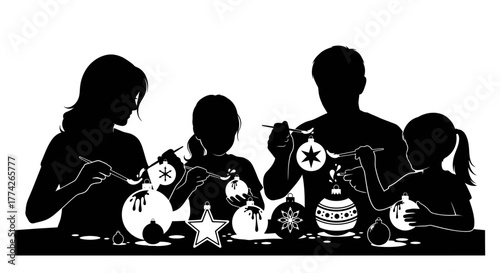 A loving family, including parents and two children, joyfully decorates festive Christmas tree ornaments together, creating cherished holiday memories.