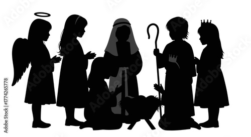 This image depicts a heartwarming silhouette of children reenacting the sacred Nativity scene, symbolizing the true spirit of Christmas and religious celebration.