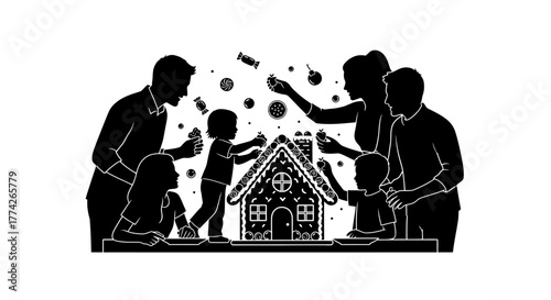 A happy family gathers to decorate a festive gingerbread house with various sweets and candies, celebrating a cherished holiday tradition together.