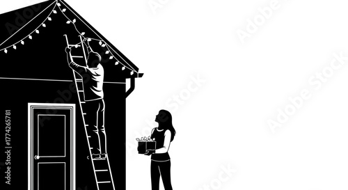 A couple works together to adorn their home's exterior with festive Christmas lights, preparing for the joyous holiday season with teamwork and tradition.