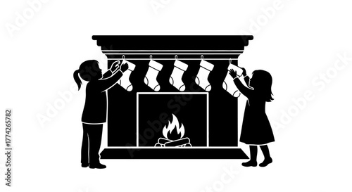 Children joyfully hang festive Christmas stockings above a cozy fireplace, symbolizing cherished holiday traditions and the warmth of winter celebrations.