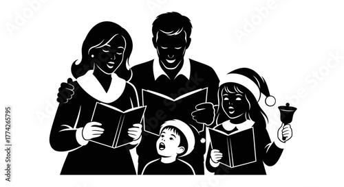 A heartwarming black and white illustration depicts a joyful family, parents and children, singing beloved Christmas carols together during the festive season.