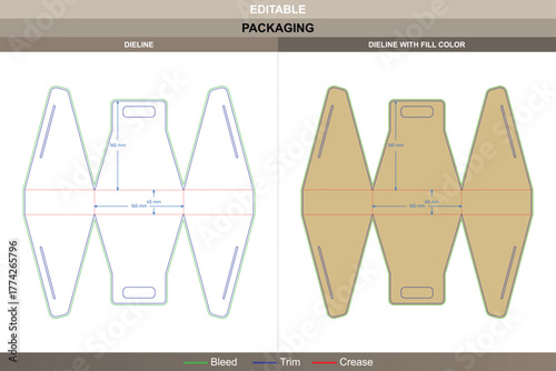 Polygonal shopping bag dieline developed by geometric vector layout enhancing printing quality and packaging symmetry clear die line structure keeps angular balance