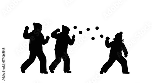 Three cheerful silhouettes of people, possibly children, are actively engaged in a playful winter snowball fight, captured against a clean white background.