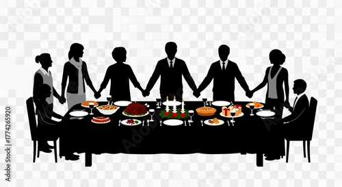 A silhouette illustration depicts a diverse group of individuals holding hands around a festive dinner table, symbolizing unity, gratitude, and communal celebration.