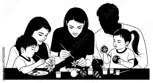 A loving family of four, parents and two young children, joyfully engages in a creative painting activity, fostering artistic expression and cherished togetherness.