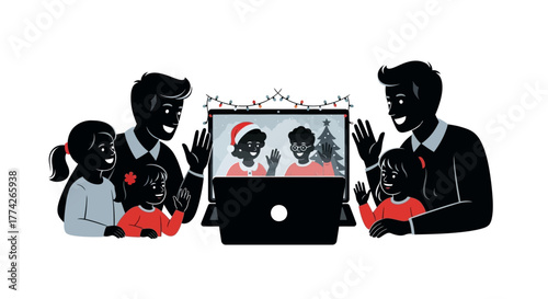 Families connect virtually for a heartwarming holiday celebration, sharing festive joy and togetherness through a laptop video call, bridging distances.