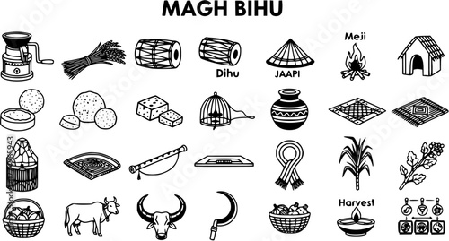 Magh Bihu Vector Illustration: Line Art of Assam's Harvest Festival Symbols
