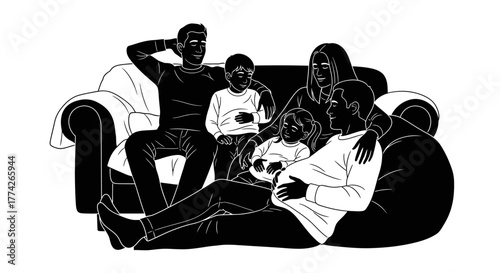A minimalist black and white vector illustration captures a diverse family, parents and three children, comfortably relaxing on a sofa, symbolizing modern domestic life.