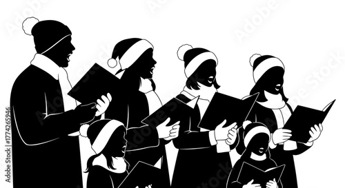 A diverse group of carolers, including adults and children, joyfully sings holiday songs from their books, spreading festive cheer.