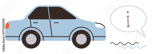 Blue vehicle next to speech bubble with i symbol and wavy lines, suggesting communication, assistance, troubleshooting, navigation. Ideal for transport, help, safety, service technology themes