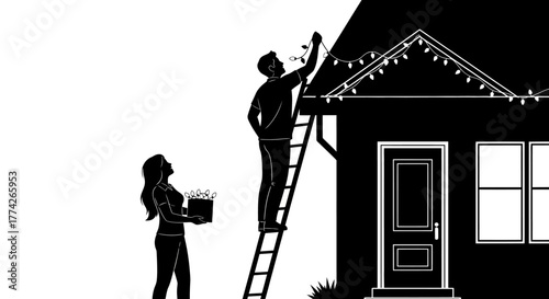 A couple collaborates to adorn their home's exterior with festive string lights, preparing for a joyful holiday season, symbolizing teamwork and domestic celebration.