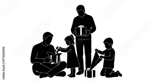 A loving family, featuring parents and two young children, joyfully unwraps festive gifts together, depicted as a striking black and white silhouette.