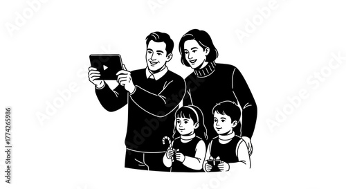A happy modern family of four, including parents and two children, enjoys a shared moment looking at a digital tablet, symbolizing connection and contemporary lifestyle.