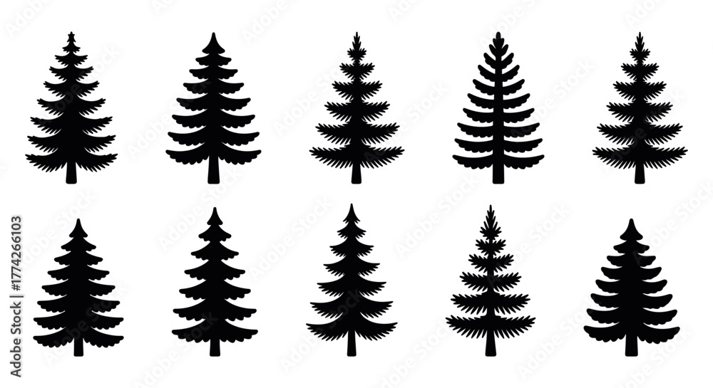 Obraz premium Collection of evergreen pine tree silhouette icons in clean minimal style representing forest, nature, and outdoor landscape design concept in black vector format