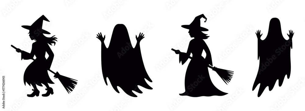 Fototapeta premium Witch and ghost silhouette set in minimal black vector style for Halloween decoration, spooky night, magic fantasy, and horror concept design elements