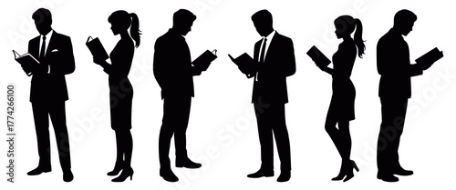 Business people silhouette set showing standing professionals using mobile phones for communication, teamwork, and digital connection in minimal black vector style