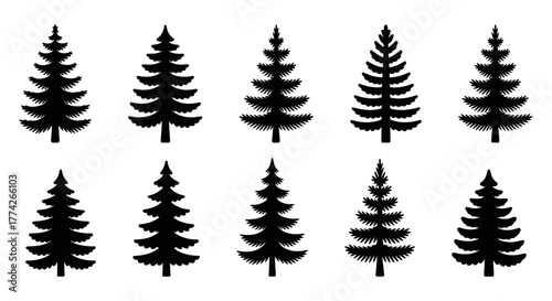 Collection of evergreen pine tree silhouette icons in clean minimal style representing forest, nature, and outdoor landscape design concept in black vector format