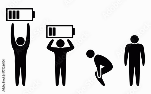 Energy recharge and exhaustion concept icons showing human figures with battery levels representing motivation, burnout, and productivity balance in simple silhouette style