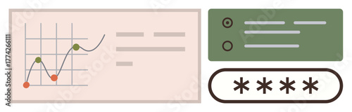 Graph with rising trendline, data points, form fields, and password entry box. Ideal for analytics, statistics, user login, security data input access control tech. Clean flat metaphor