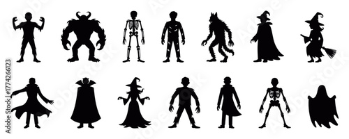Fantasy character silhouette vector collection with wizard, monster, and superhero figures for game, magic, and creative storytelling concept design