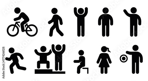 Simple black stickman activity icons showing running, jumping, cycling, and active movement poses symbolizing fitness, health, and inclusive lifestyle in minimal vector design