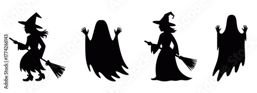 Witch and ghost silhouette set in minimal black vector style for Halloween decoration, spooky night, magic fantasy, and horror concept design elements