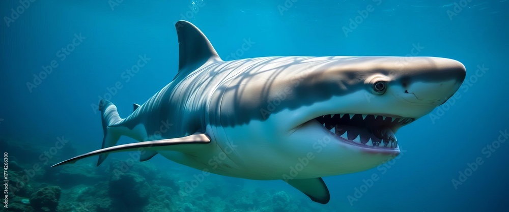 Fototapeta premium Apex predator great white shark underwater hunting, predator, swimming