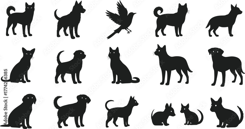 Fototapeta premium Silhouette pets and bird collection for creative projects, perfect for animal lovers and design enthusiasts, including cats, dogs and a bird in flight