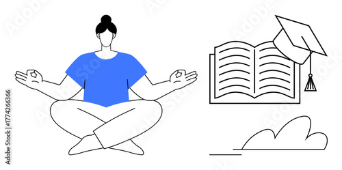 Person meditating in lotus pose next to an open book with a graduation cap. Ideal for education, mindfulness, balance, personal growth, success, self-improvement, and self-care. Simple flat metaphor