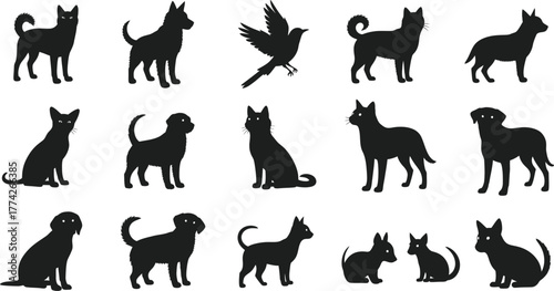 Silhouette pets and bird collection for creative projects, perfect for animal lovers and design enthusiasts, including cats, dogs and a bird in flight