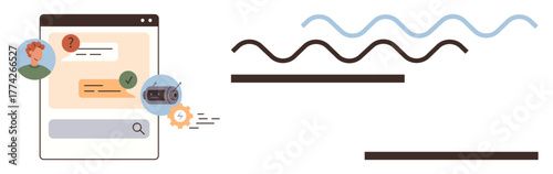 Browser window with messages, user profile, chatbot options, radio, search bar, gear wheel. Ideal for technology, messaging, customer support digital solutions communication internet use simple