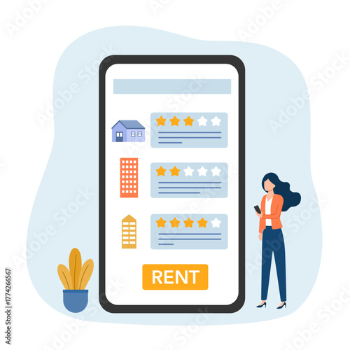 Woman choosing apartment to rent in mobile app based on reviews. Renting property with online service. Girl looking for house. Real estate selection. Choice of housing by rating.