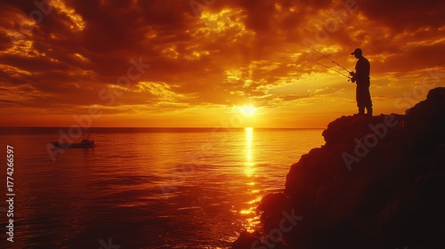 Silhouette Fisherman Sunset Rocky Coast