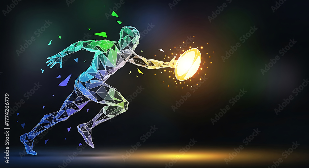 Naklejka premium Polygonal human figure running with glowing golden orb and particles abstract athlete