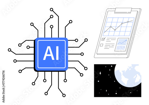 Blue AI chip connected by circuits, data analytics chart with growth lines, and Earth seen from space. Ideal for technology, AI, innovation, analytics, science data and future. Simple flat metaphor