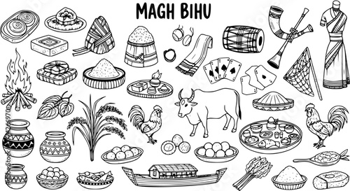 Traditional Magh Bihu Festival Elements and Symbols - Line Art Illustration