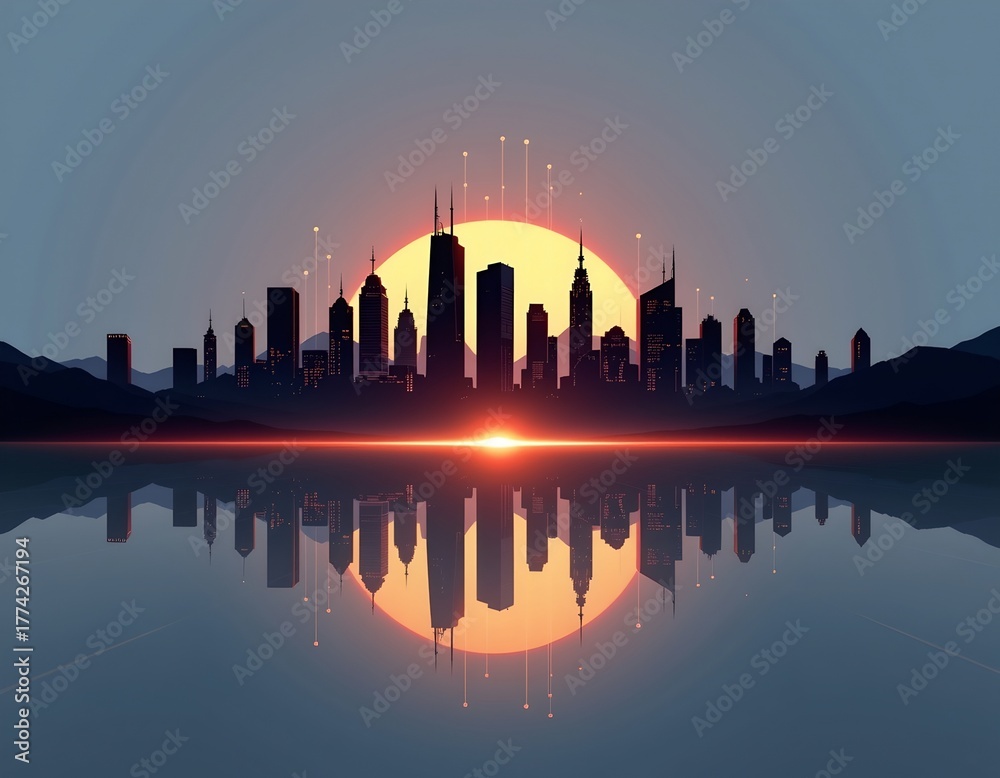Obraz premium Futuristic Cityscape Reflection Dusk