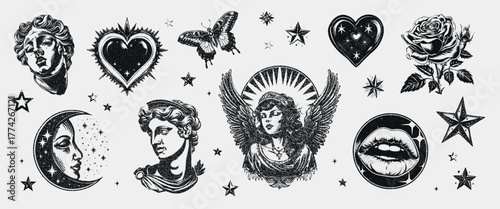 Vintage black and white tattoo design celestial symbols ancient Greek statues angel heart moon lips stars butterfly rose mystical aesthetic retro engraving style vector illustration