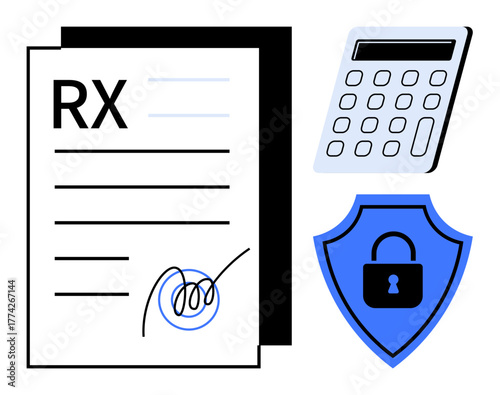 Prescription paper with a signature, calculator, and shield with a lock highlight healthcare cost, security, and digital confidentiality. Ideal for medicine, finance, cybersecurity, insurance