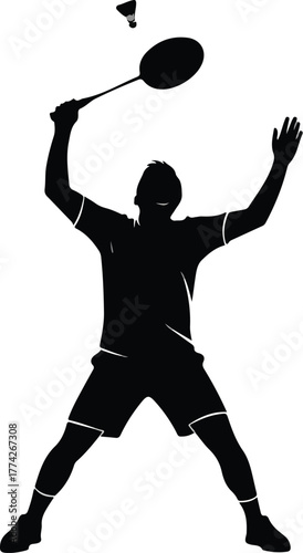Badminton player silhouette vector illustration of a sportsman with racket and shuttlecock isolated 