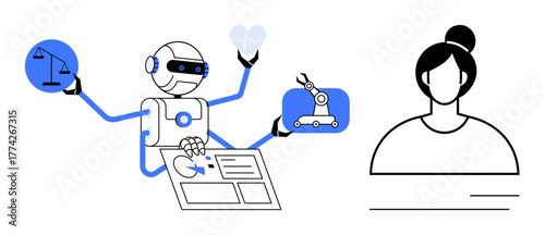 Robot managing technology, heart symbol, justice scale, robot arm, and digital interface near human figure. Ideal for AI, automation, ethics, technology balance innovation teamwork human-AI
