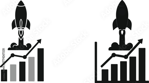 Rocket launch with growth graph vector illustration for business startup and success isolated on whi