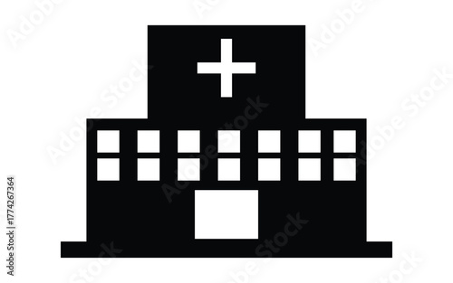Simple black silhouette of a hospital building with a cross symbol on top isolated on white background