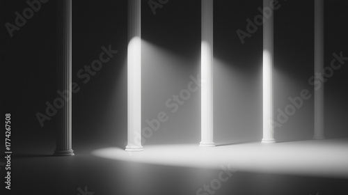 column. Abstract architectural space with dramatic light beams passing through towering columns, creating a striking monochrome scene. real-estate listings.