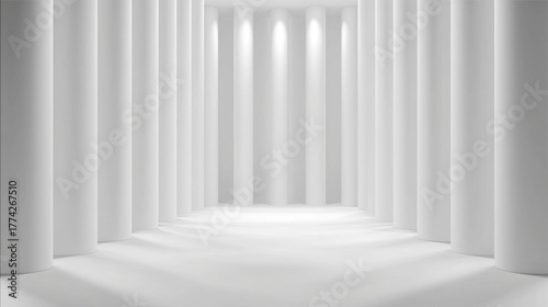 column. Abstract architectural space with dramatic light beams passing through towering columns, creating a striking monochrome scene. real-estate listings.