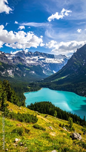 Scenic landscape with alpine lake, mountains, and bright blue sky